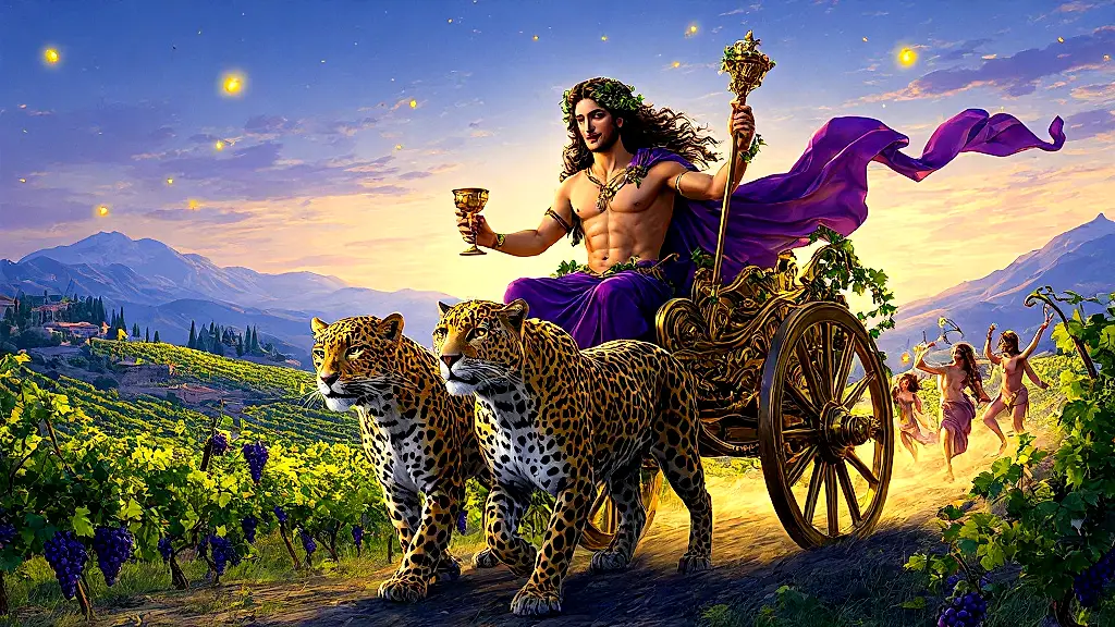 Dionysus riding leopard chariot through vineyards at twilight.