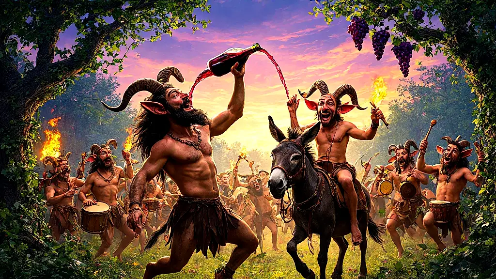 Dionysus' satyrs revel in wild, drunken celebration.