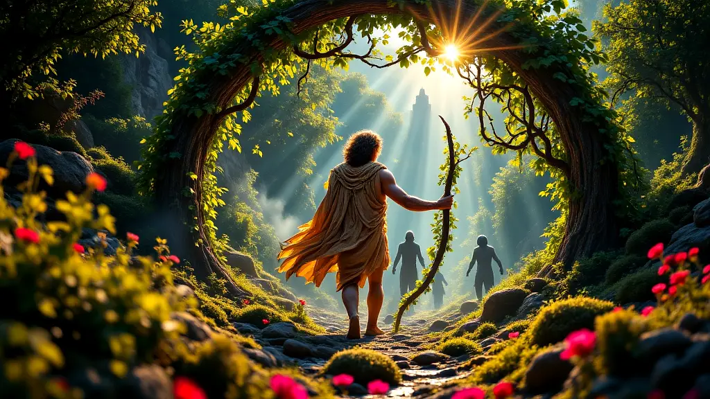 Dionysus with ivy-wrapped staff, Maenads dancing in vibrant forest.