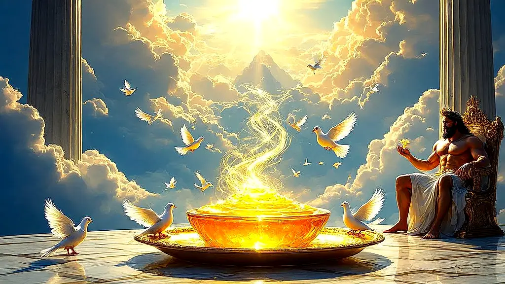 Divine Ambrosia glowing on Olympus, served by iridescent doves.
