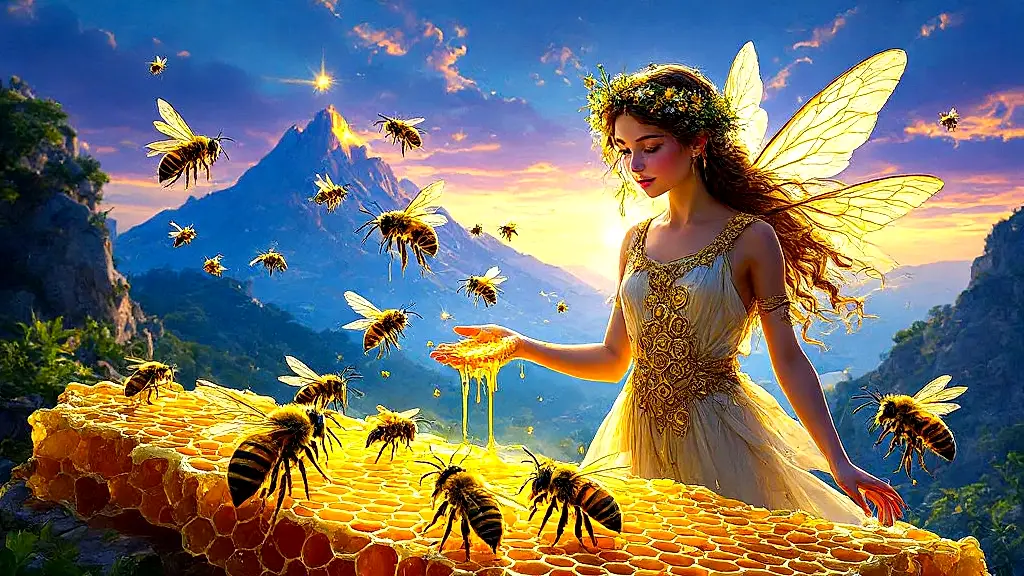 Divine bees and nymph Melissa in golden Greek mythology scene.