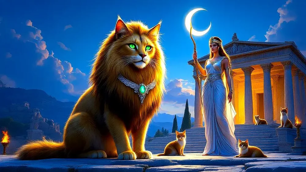 Divine cats and Artemis in Greek mythology temple.