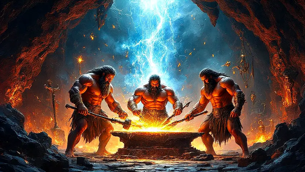 Divine Cyclopes forging Zeus's thunderbolts in mythical workshop.