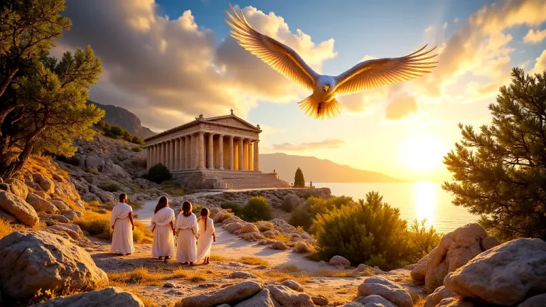 Divine eagle omen over Ancient Greek priests at dawn.