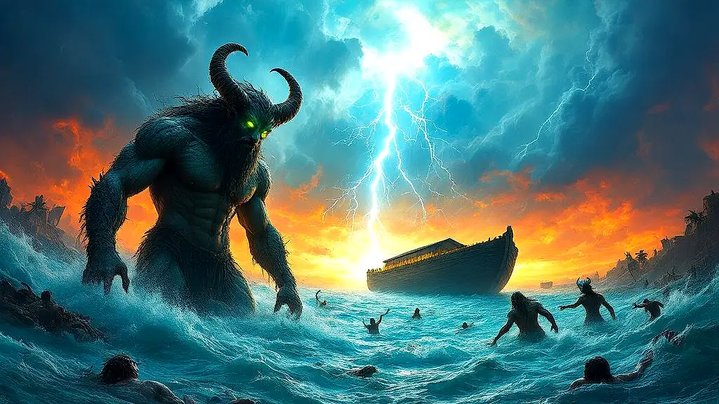 Divine flood destroys Nephilim amid stormy chaos.