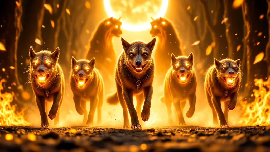 Divine Greek gods' supernatural hounds in mythic splendor.