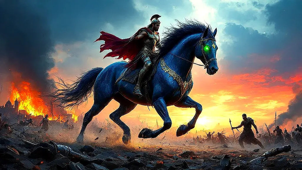 Divine horse Arion galloping through battlefield, saving King Adrastus.