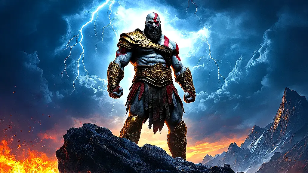 Divine Kratos commands Prometheus's punishment in mythic storm.
