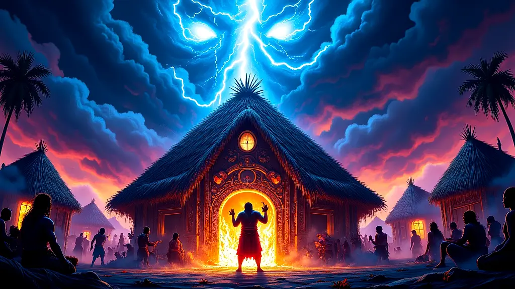 Divine lightning strikes greedy chief as villagers watch.
