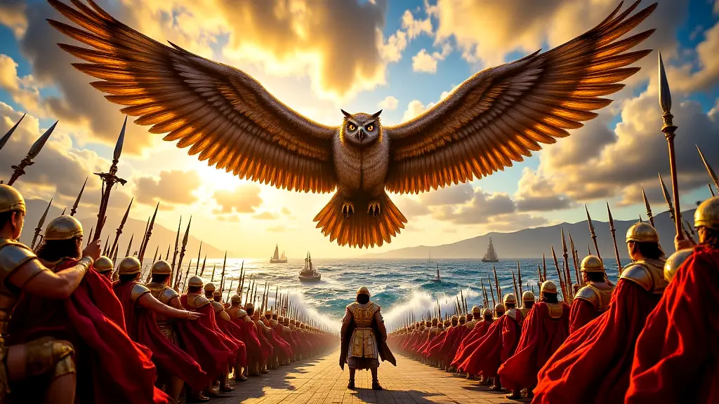 Divine owl guides Greek ships at Battle of Salamis.