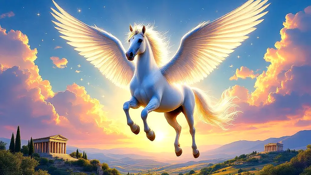 Divine Pegasus soaring through golden sunrise skies.