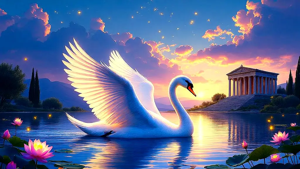 Divine swan gliding on lake at twilight, ancient Greek temple backdrop.