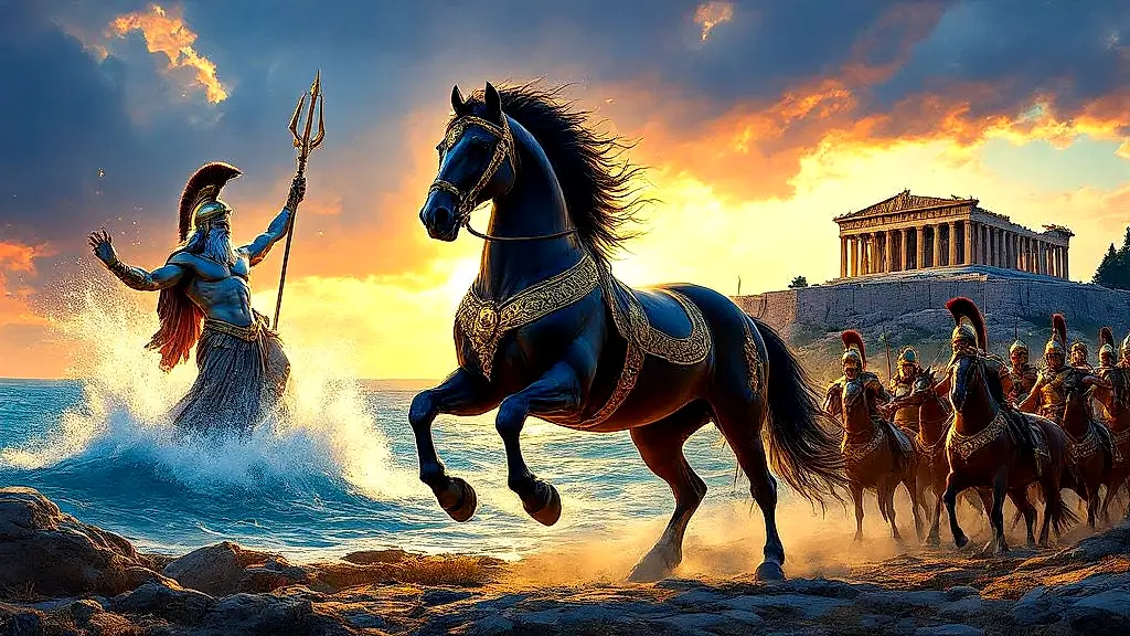 Divine warhorse Bucephalus rearing with Poseidon and Athenian cavalry.