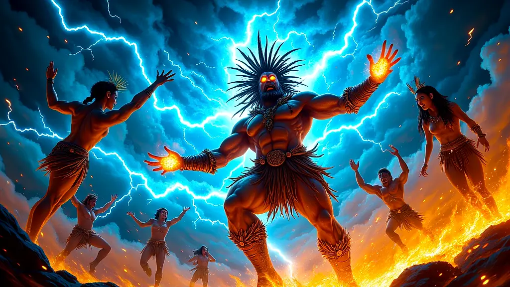 Dongo battles rebel gods in a stormy divine clash.