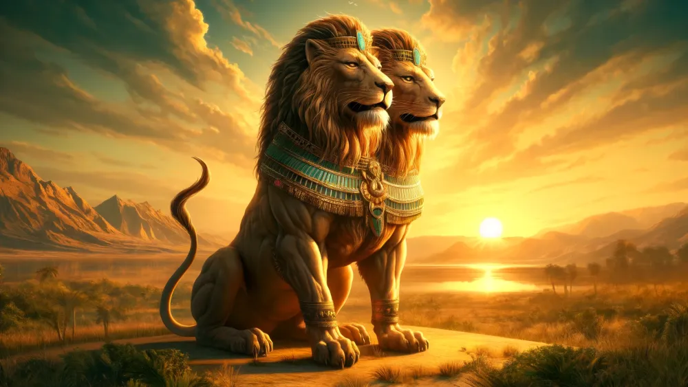 Double headed lion Aker at sunrise with pyramids in the background.