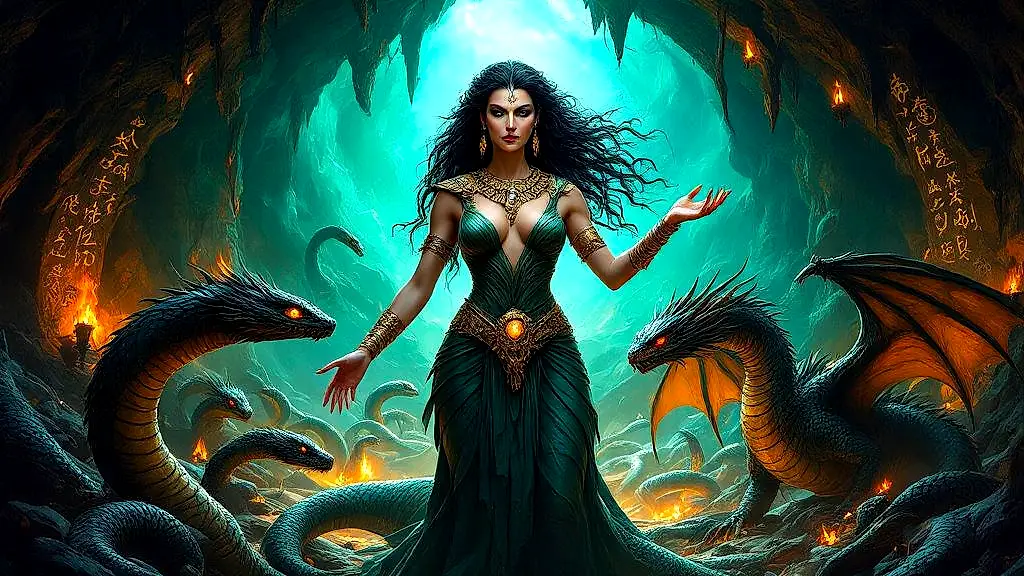 Echidna commands snakes and dragons in a mythic underworld.