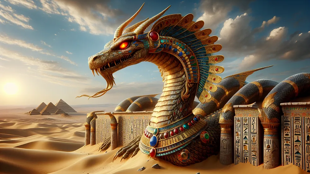 Egyptian Dragons Soar Above Pyramids And Ancient Temples In The Desert