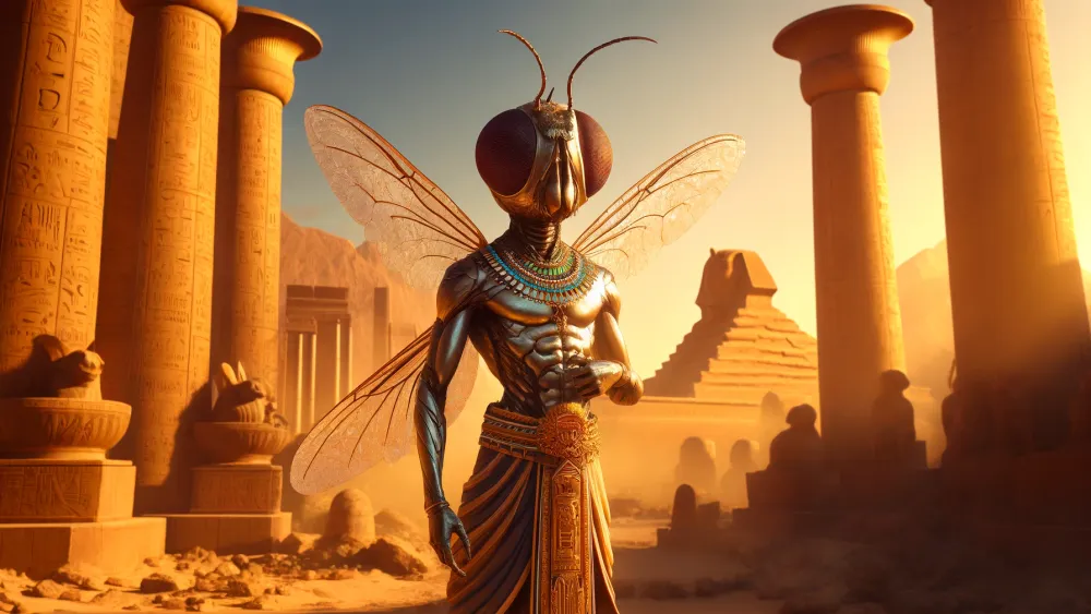 Egyptian Fly God Uatchit in a desert sunset with temples.