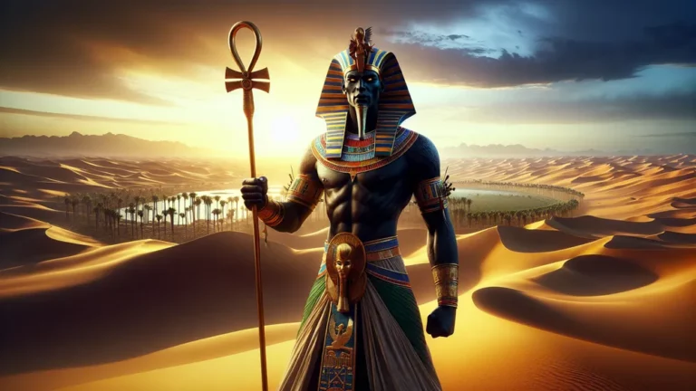 Egyptian God Ha In Desert With Oasis Holding An Ankh Staff