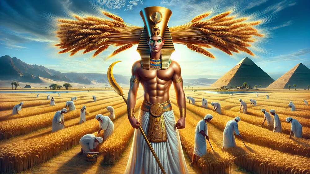 Egyptian God Neper With Golden Wheat Headdress In Lush Nile Delta