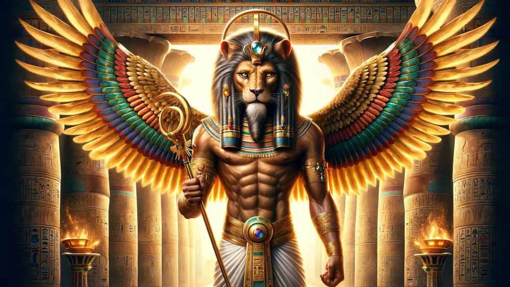 Egyptian God Tutu with lion head, hawk wings in a temple.