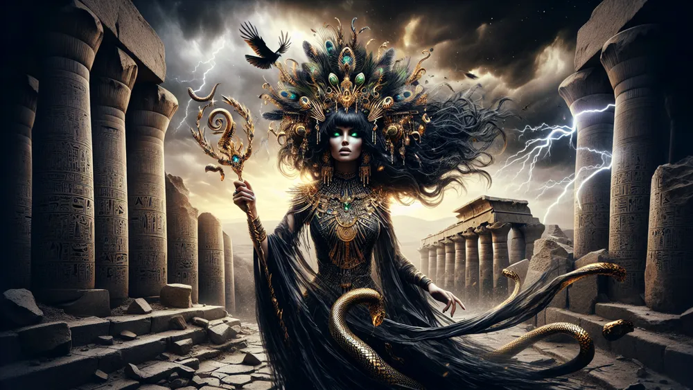 Egyptian Goddess Ahti In Stormy Ruins With Serpents And Chaotic Elements