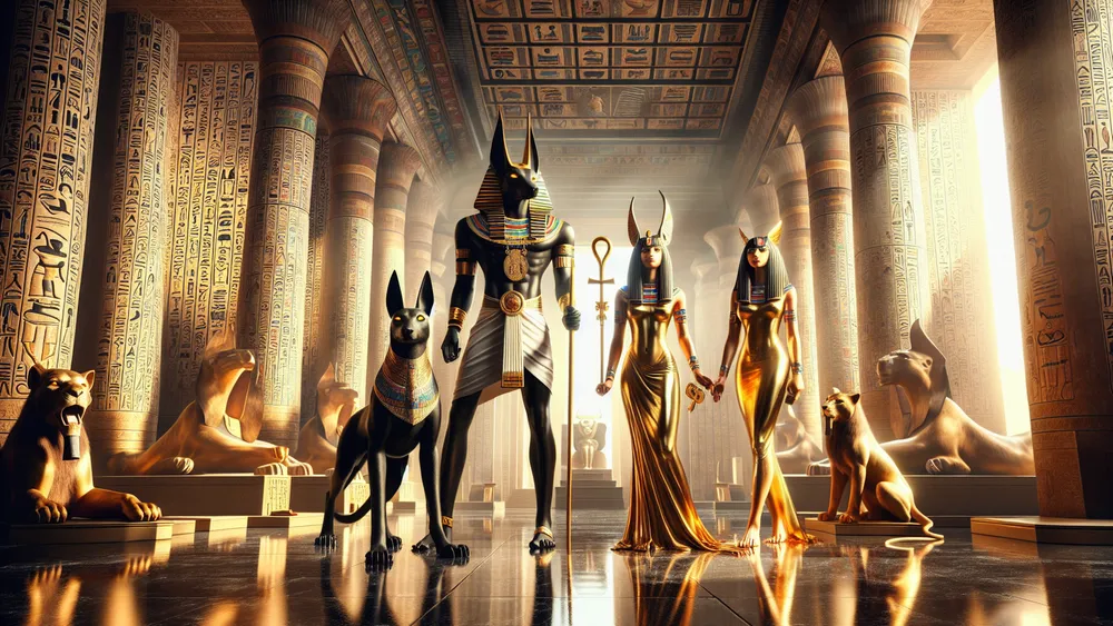 Egyptian Gods Anubis Horus And Bastet In A Grand Temple