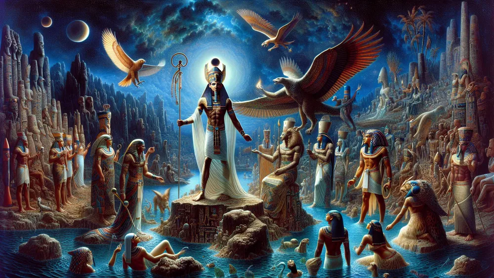 Egyptian Gods Emerge From Primordial Waters Creating Earth And Sky