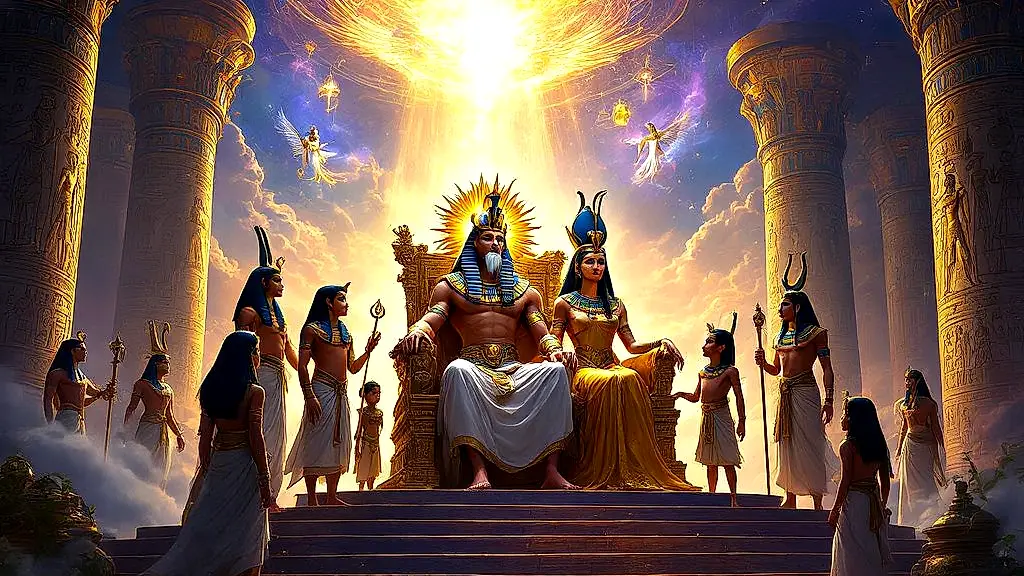 Egyptian gods ruling from a golden celestial throne.
