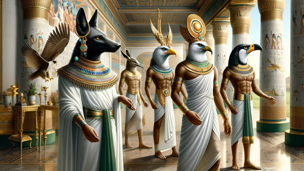 Egyptian Gods With Animal Heads In An Ornate Ancient Temple Hall