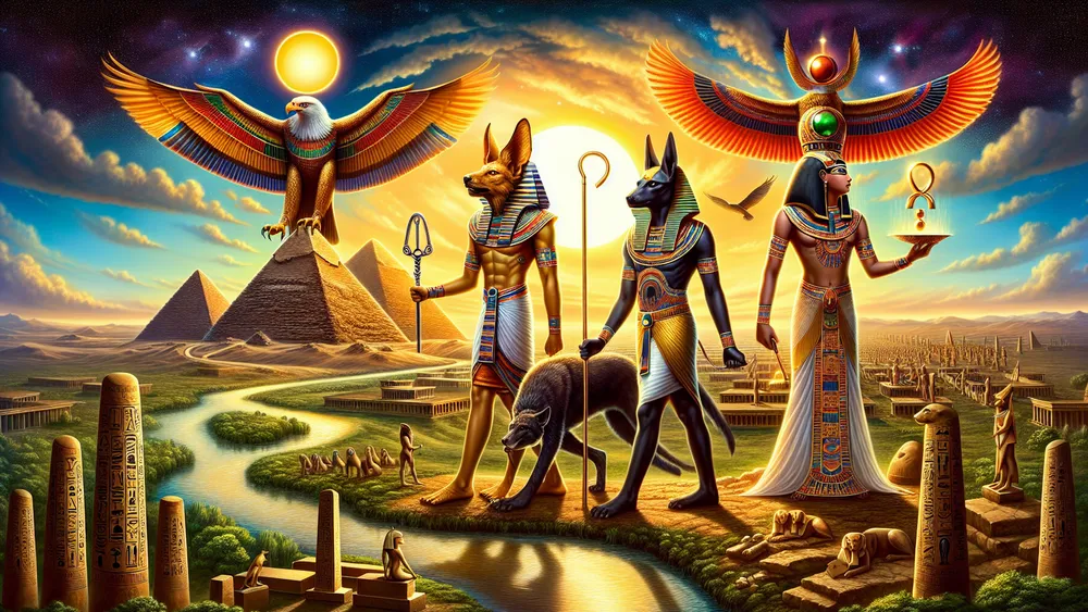 Egyptian Gods With Pyramids And Nile River In The Background