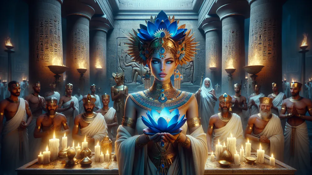 Egyptian Priestess Holding Blue Lotus In A Sacred Temple Ceremony