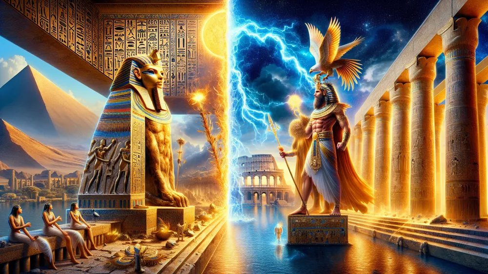 Egyptian Ra Vs Roman Jupiter Mythology Comparison In Detailed Hyper Realistic Scene
