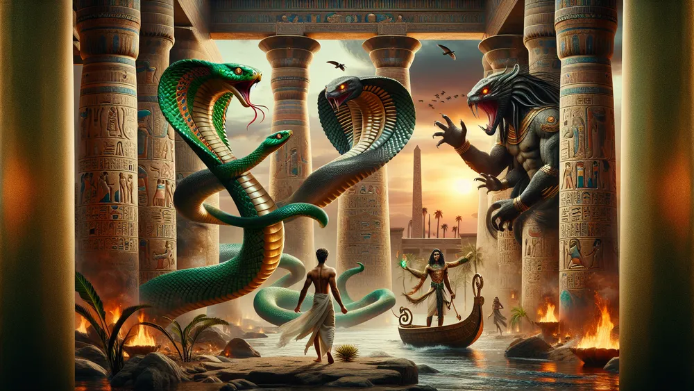 Egyptian Serpents Wadjet Apophis And Mehen In A Mythological Temple Setting