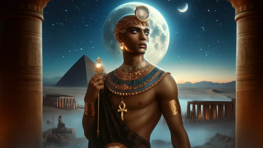 Egyptian moon deity Iah with pyramids and moonlit sky.