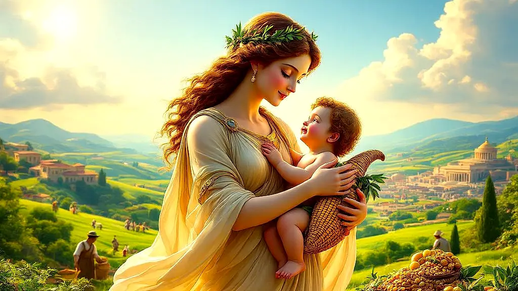 Eirene holding baby Ploutos, symbolizing peace nurturing wealth.