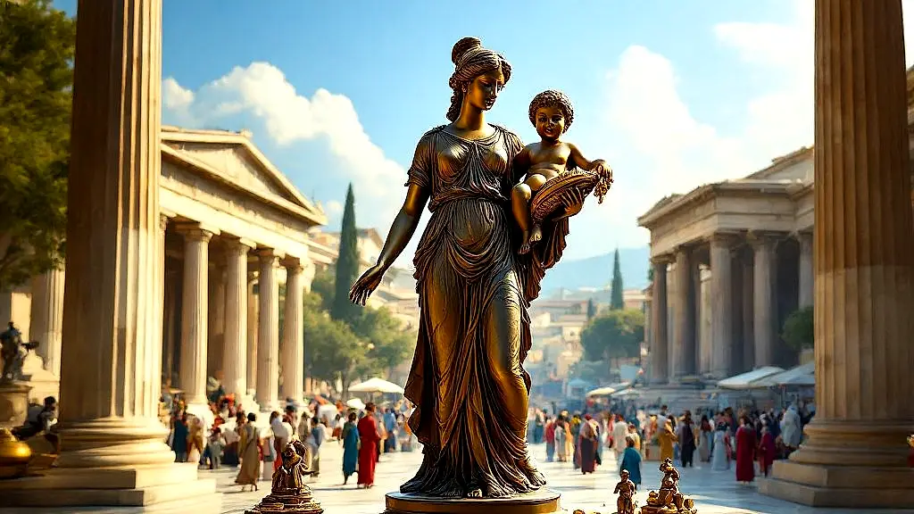 Eirene statue holding Ploutos in Athenian Agora, vibrant and detailed.