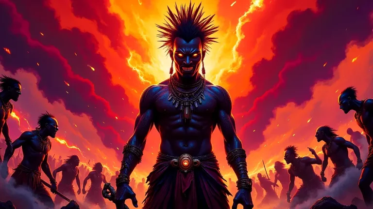 Ekwensu, Igbo Trickster God, wielding chaos in vibrant mythic scene.