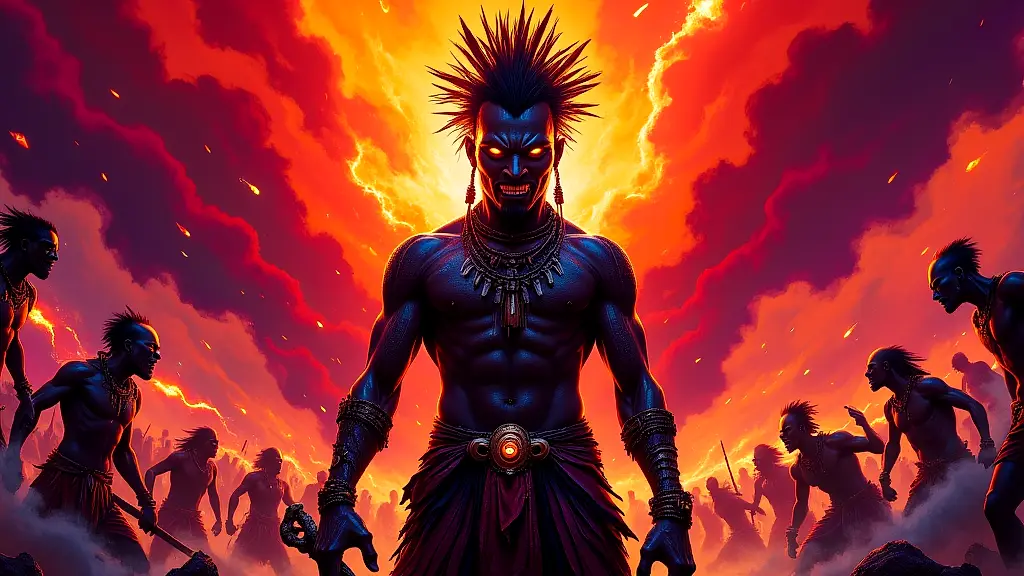 Ekwensu, Igbo Trickster God, wielding chaos in vibrant mythic scene.