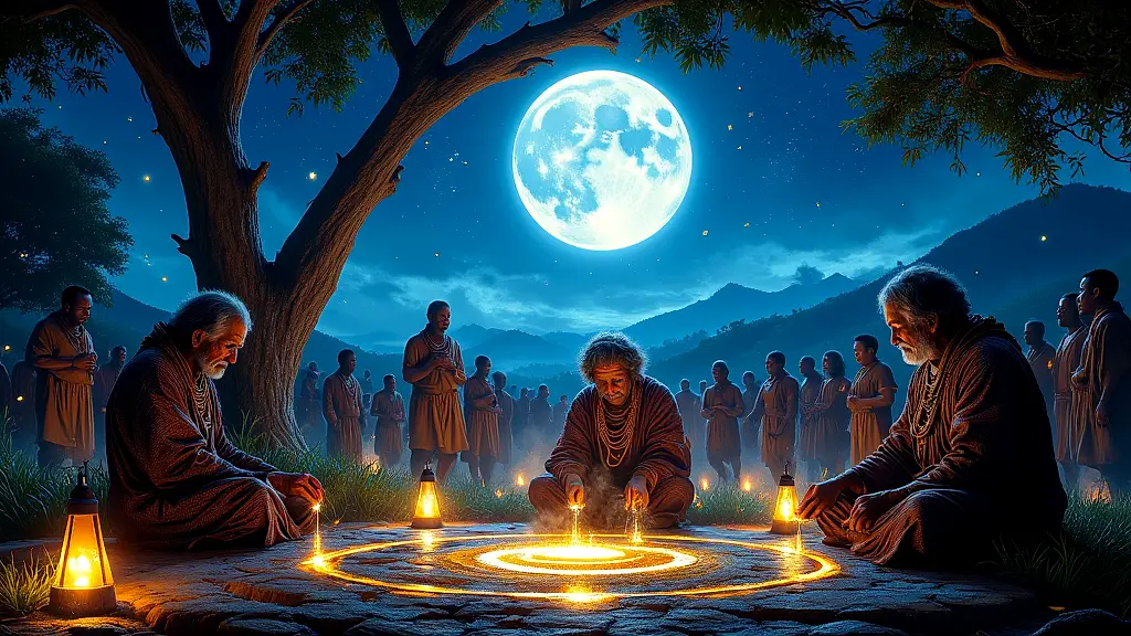 Elders perform moonlit libation ritual under full moon.