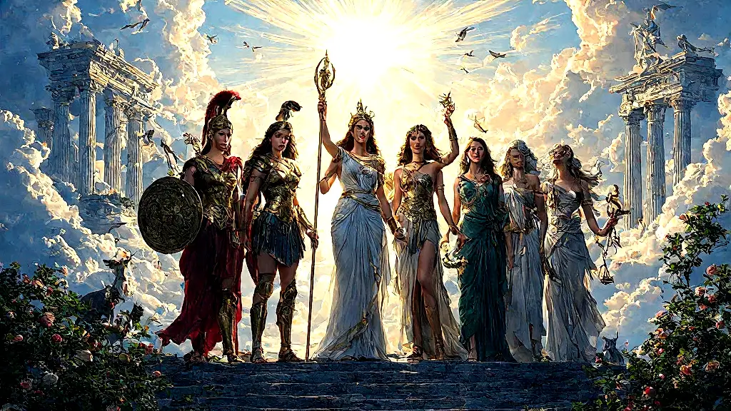 Eleven powerful Greek goddesses standing together on Mount Olympus.