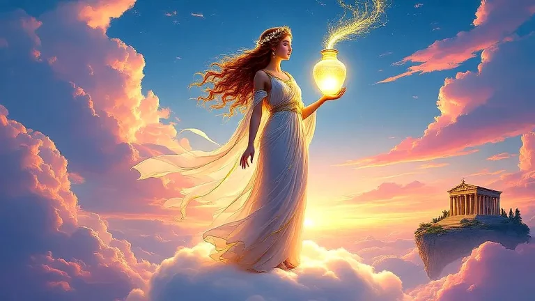 Elpis, Greek goddess of hope, holding a glowing jar amid celestial skies.
