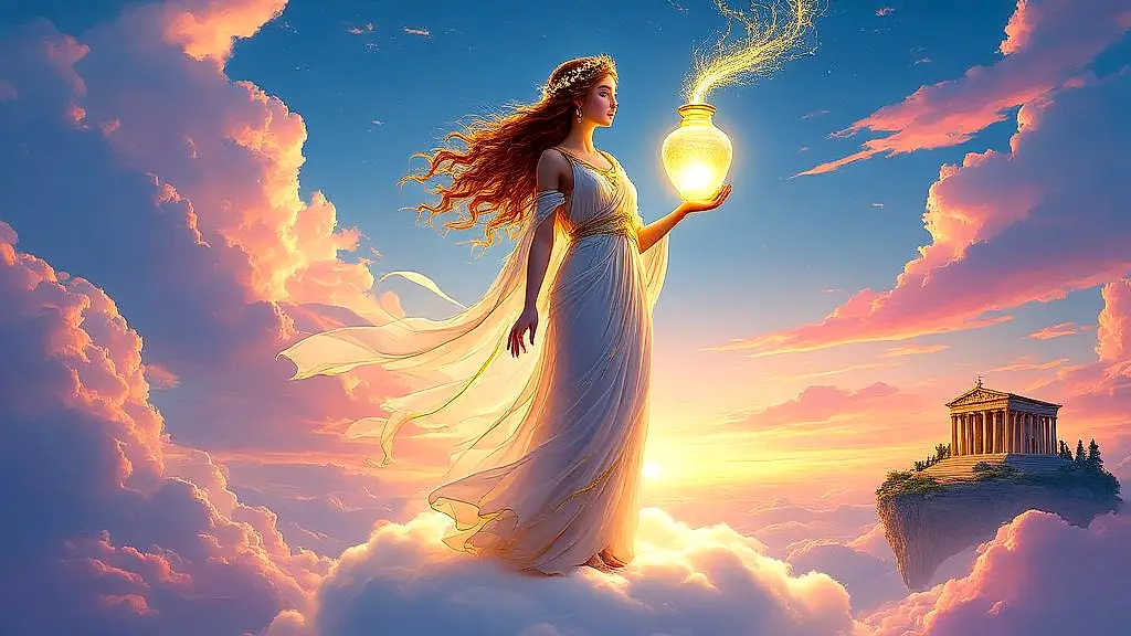 Elpis, Greek goddess of hope, holding a glowing jar amid celestial skies.