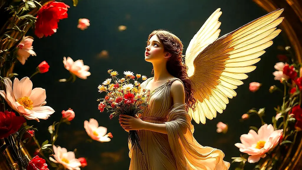 Elpis, winged goddess of hope, holding flowers among spirits.