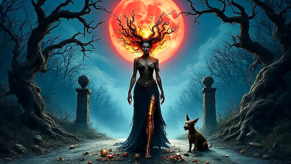 Empusa, Hecate's monstrous servant, at a misty crossroads.