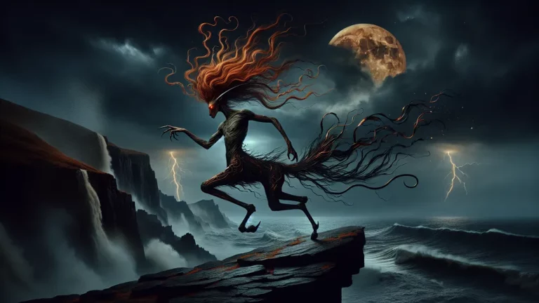 Empusa Mythical Monster Stands On A Cliff Under A Full Moon