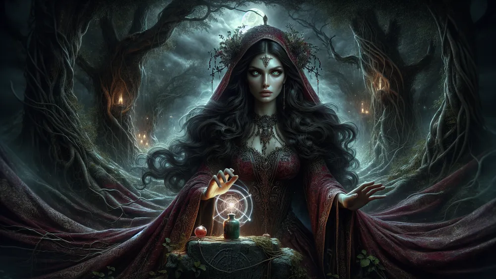 Enchantress Medea In Dark Forest Holding Potion And Dagger