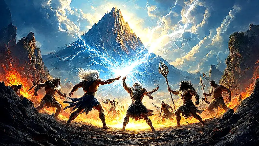 Epic battle between Olympian gods and Titans in Greek mythology.