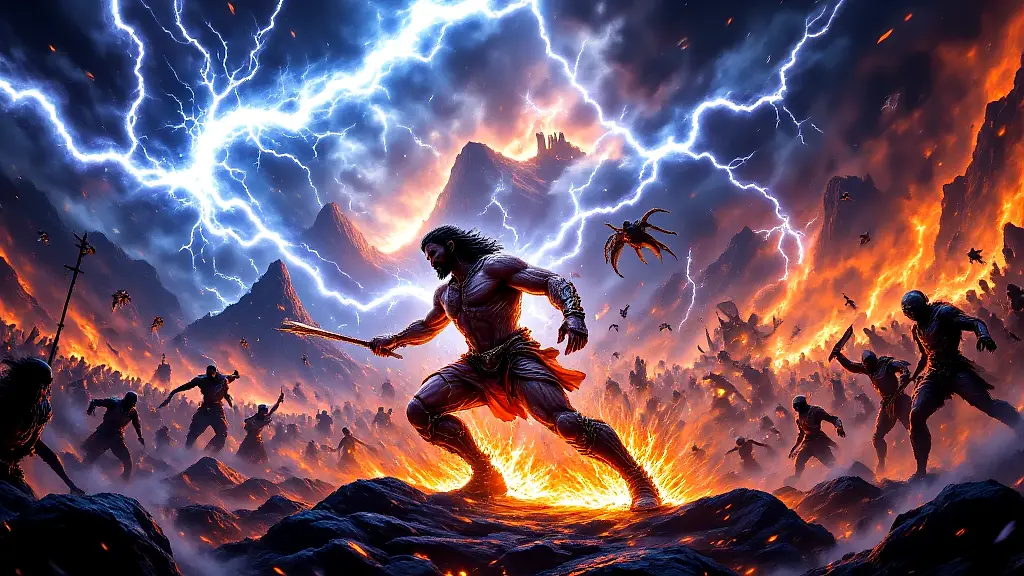 Epic battle between Titans and Olympian gods.