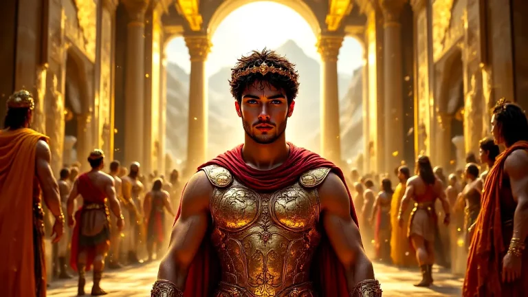 Epic Greek heroes in golden hall, vibrant and divine.